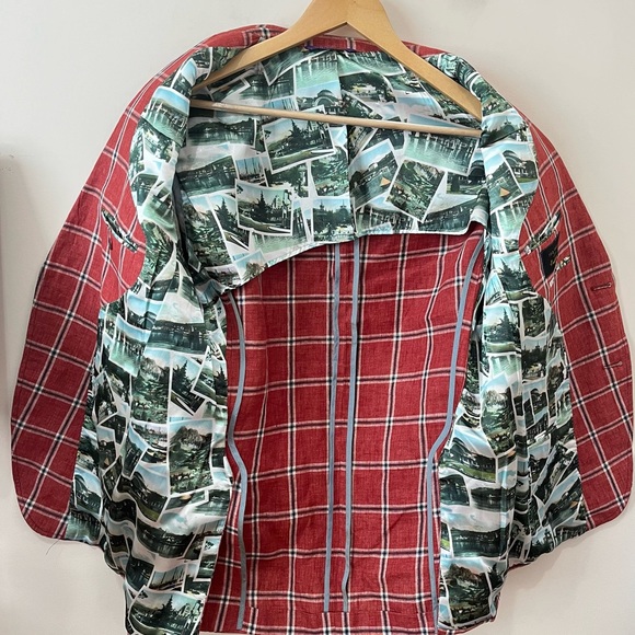 Ted Baker Endurance Linen Windowpane Check Plaid Linen Blazer Red Size 40R - Picture 3 of 13